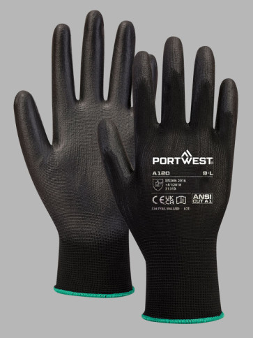 Portwest Grip 13 PU Palm Gloves (Pack of 12 pairs) - Black/Black trim