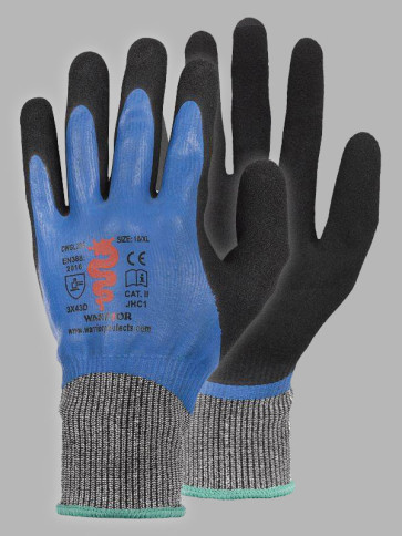 Warrior Double Dipped Latex Cut D Gloves - Black/Blue trim