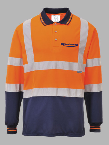 Portwest Hi-Vis Two Tone Long Sleeve Polo Shirt - Orange / Navy trim