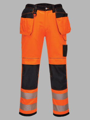 Portwest PW3 Hi-Vis Contrast Holster Pocket Trousers - Orange / Black trim