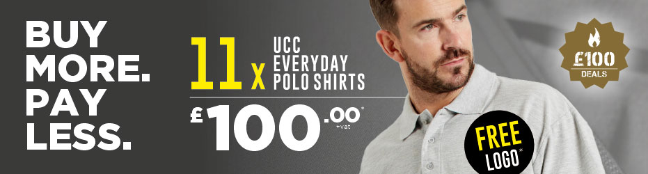 Buy more. Pay less. 11 x UCC Polo Shirts with your logo for just £100