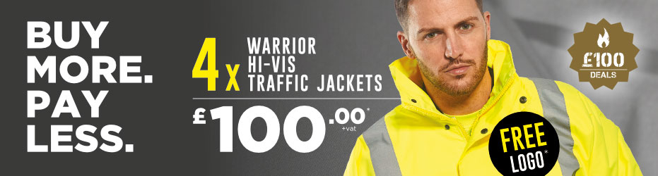 Buy more. Pay less. 4 x Warrior Hi-Vis Traffic Jackets with your logo for just £100